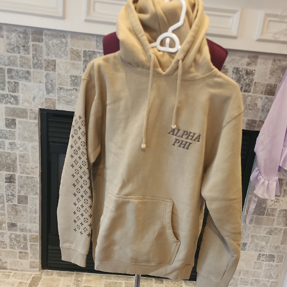 Tan Quilted Sleeve Sweatshirt Pullover Hoodie. ALPHA PHI